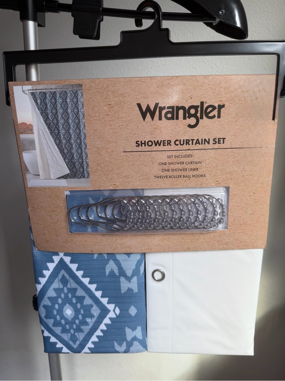 Wrangler Blue and White Aztec Shower Curtain Set with Metal Hooks